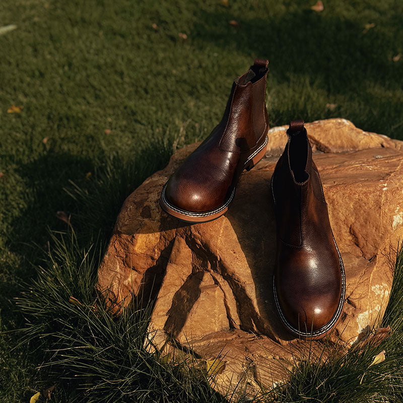 Caramel walking men's leather Chelsea boots-Brown LB988